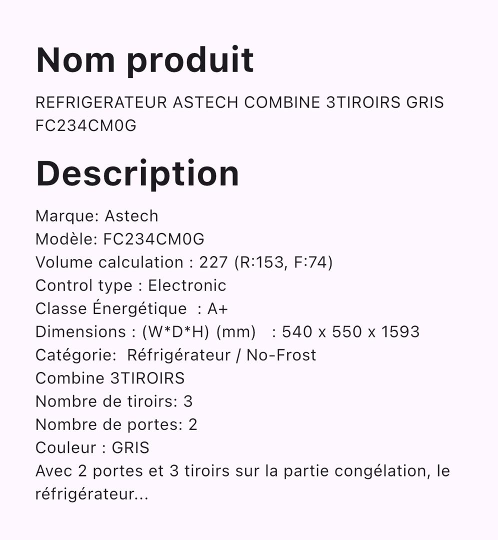 Réfrigérateur ASTECH Combiné 3 Tiroirs – FC234CM0G – 227 L – Gris