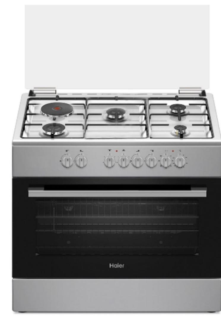 CUISINIERE HAIER MIXTE 5FEUX 90×60 4F A GAZ 1 FEUX ELECTRIQUE INOX HCR6041EGS2