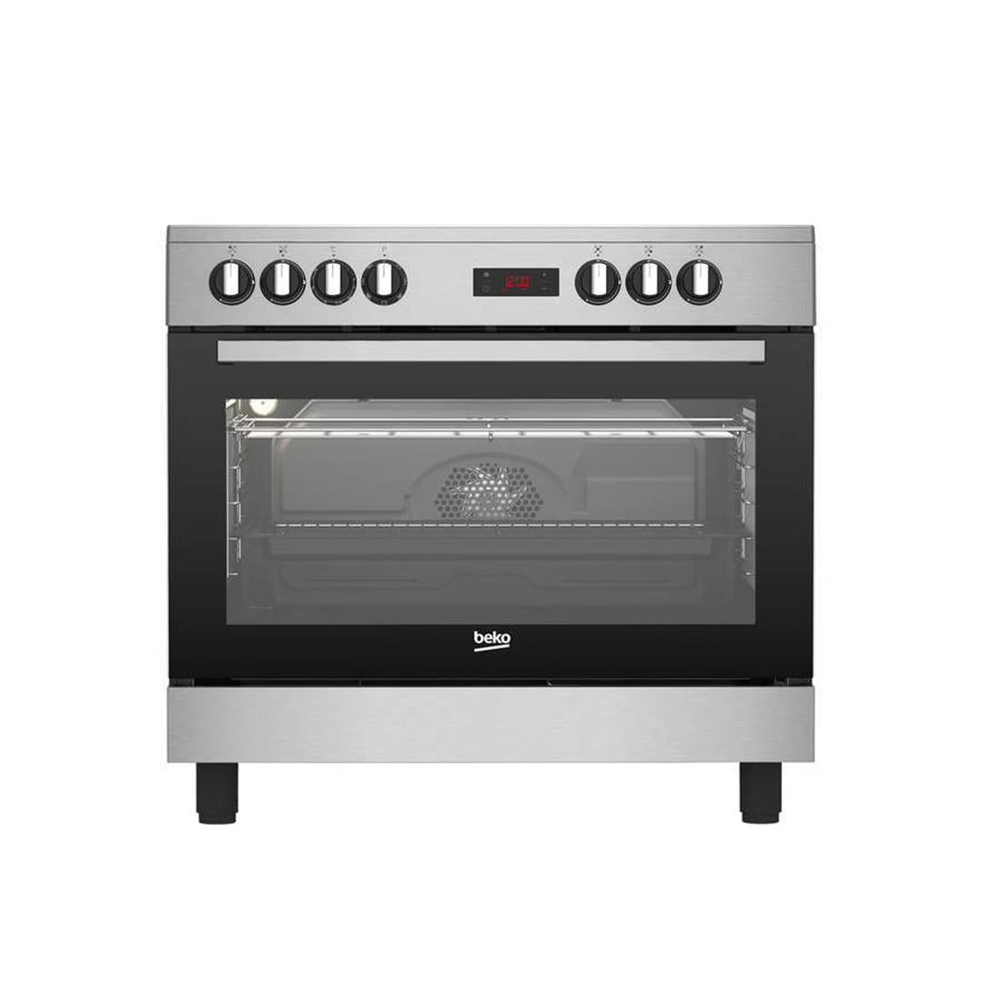CUISINIERE BEKO 5 FEUX 90X60 A GAZ FULL OPTION VENTILO + FOUR ELECTRIQUE INOX