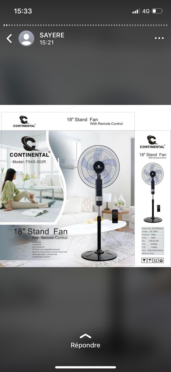 Ventilateur Continental 18 Pouces FS45-302R – Puissant et Réglable