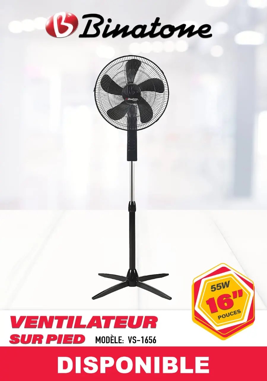 🌀 Ventilateur Binatone sur Pied – 16 Pouces, Noir, Réglable & Oscillant Kebaelectromenager