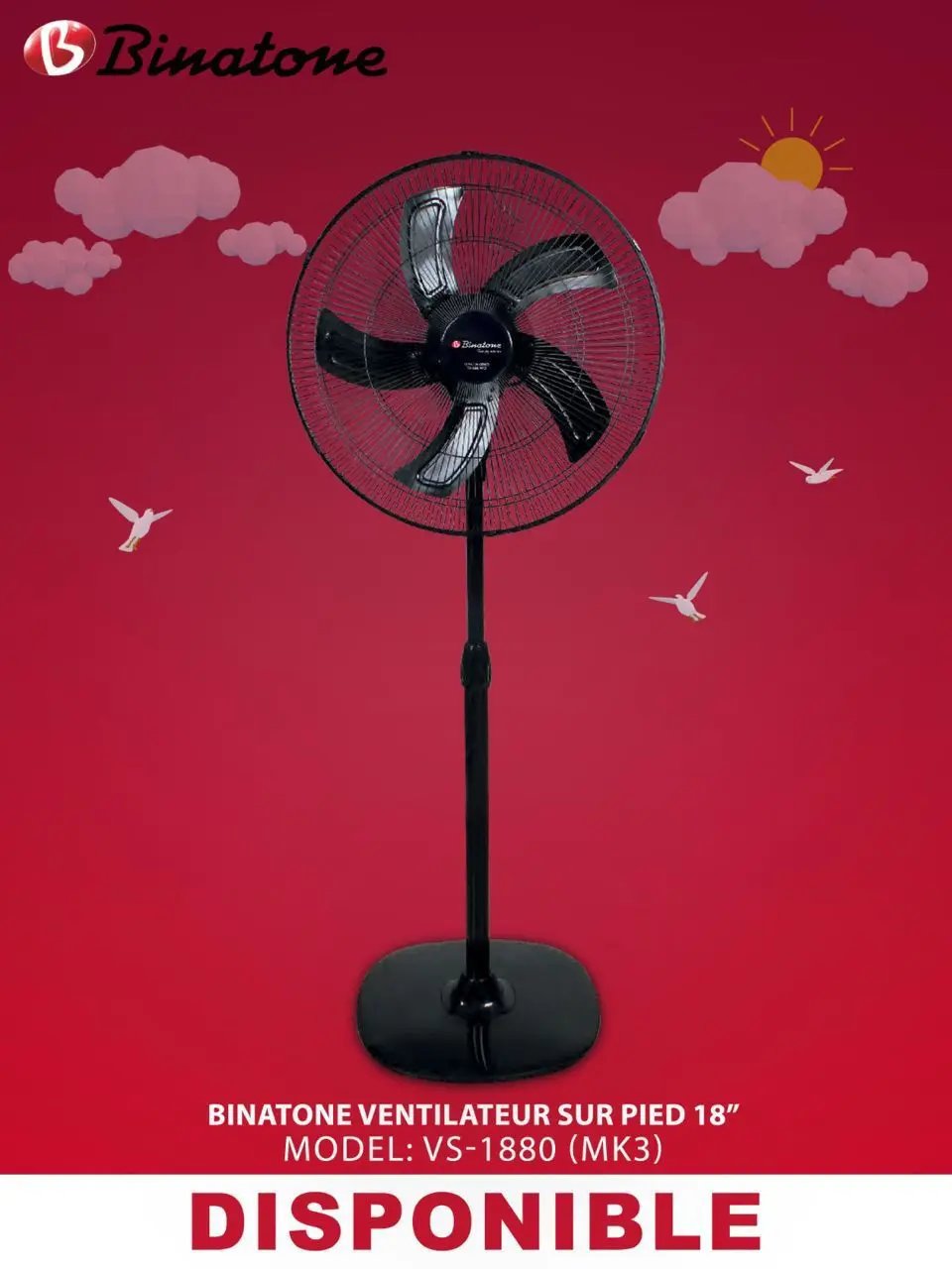 🌀 Ventilateur Binatone sur Pied – 18 Pouces, Puissant & Réglable Kebaelectromenager