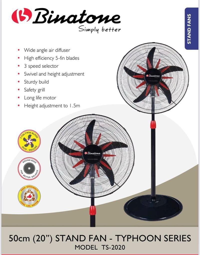 🌀 Ventilateur Binatone sur Pied TS-2020 – 20 Pouces, Design Rouge & Noir, Puissant & Réglable