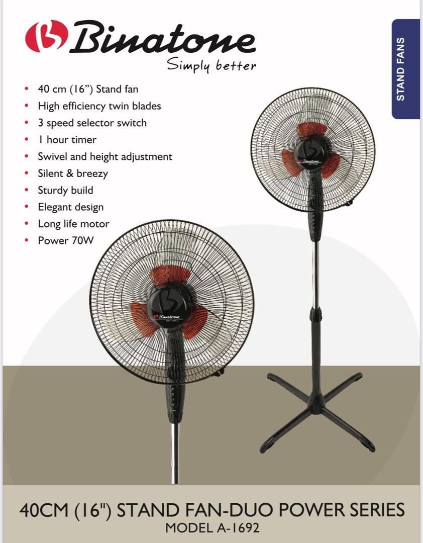 🌀 Ventilateur Binatone sur Pied – 16 Pouces, Design Rouge & Noir, Réglable & Oscillant