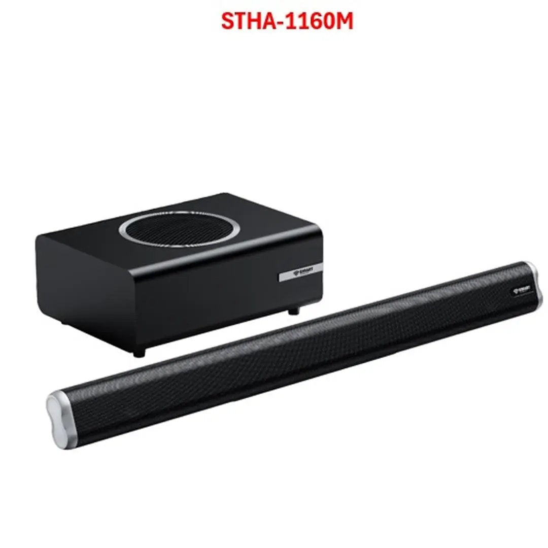 Barre de son SMART TECHNOLOGY STHA1007M â 160W, Bluetooth 5.3, caisson de basses, tĂ©lĂ©commande, design compact.