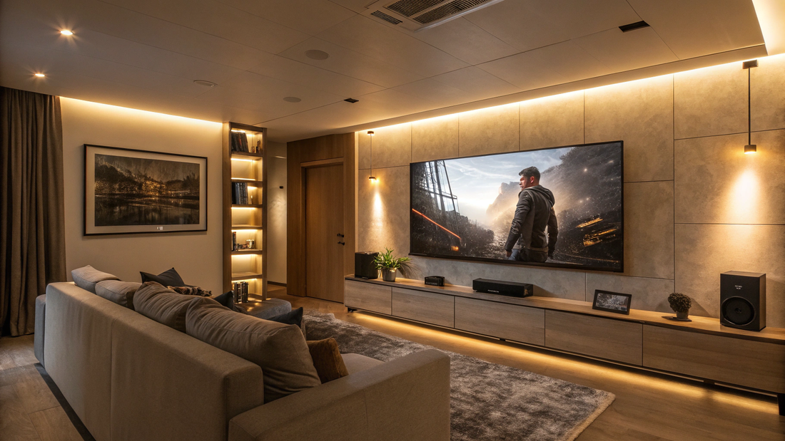 Salon moderne équipé d’une grande Smart TV 4K installée au mur.