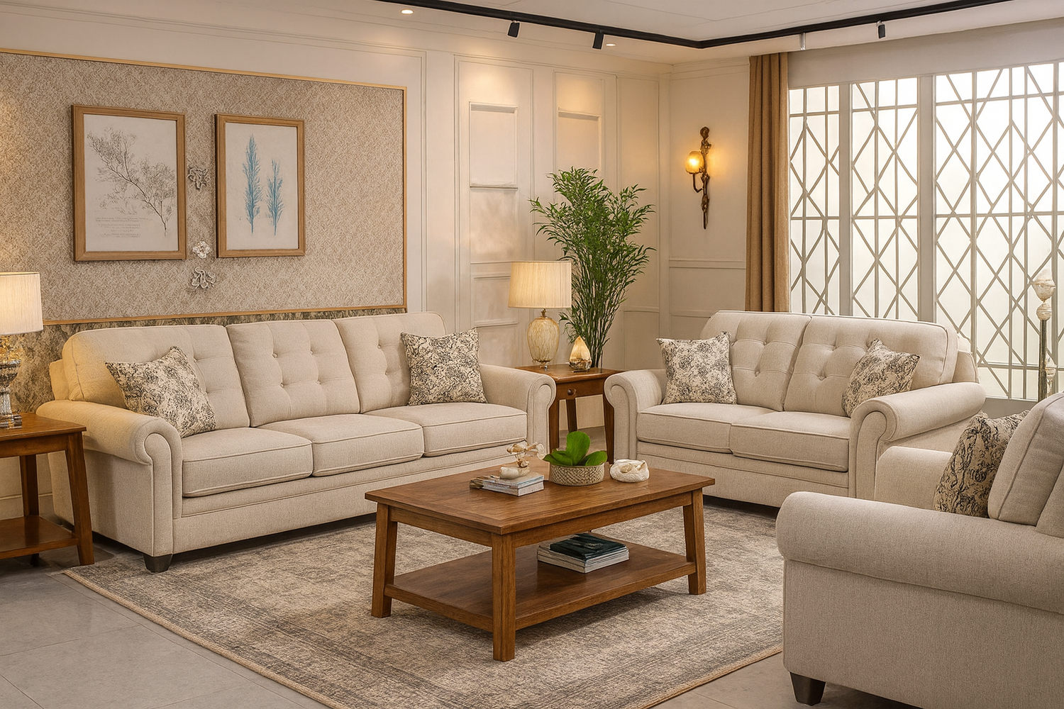 Salon élégant contemporain avec canapé en velours gris anthracite, table basse en marbre blanc, fauteuils arrondis, lampadaire design et plantes vertes décoratives.