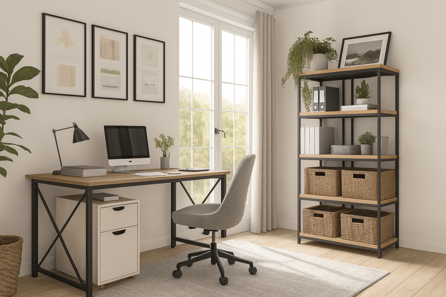 Espace de travail moderne avec bureau en bois clair, caisson de rangement à roulettes, étagère murale modulable et chaise ergonomique.