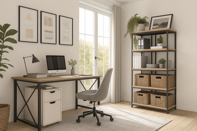 Espace de travail moderne avec bureau en bois clair, caisson de rangement à roulettes, étagère murale modulable et chaise ergonomique.