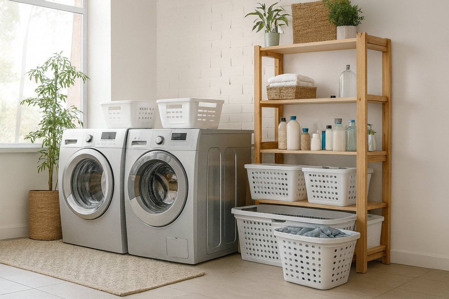 Lave-linge frontal blanc et sèche-linge assorti côte à côte dans une buanderie moderne, sol carrelé gris clair et murs blancs épurés.
