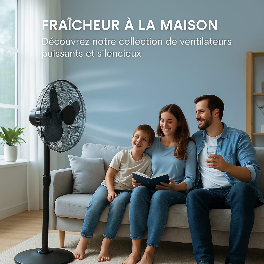 Ventilateur sur pied moderne blanc dans un intérieur épuré, posé devant un mur blanc et un sol en bois clair.