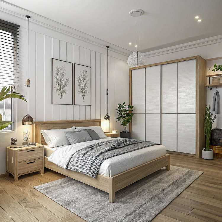 Chambre à coucher moderne avec lit en bois clair, tables de chevet assorties et armoire spacieuse, sol en parquet et murs blancs épurés.