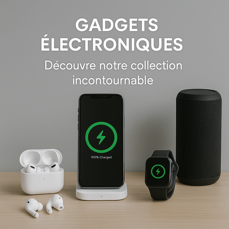 Montre connectée, drone portable et écouteurs sans fil disposés sur un fond blanc épuré.