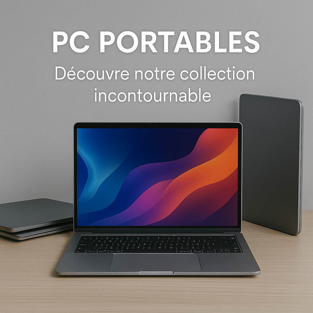 Ordinateur portable fin ouvert sur un bureau épuré, écran actif et clavier rétroéclairé posé dans un intérieur moderne.