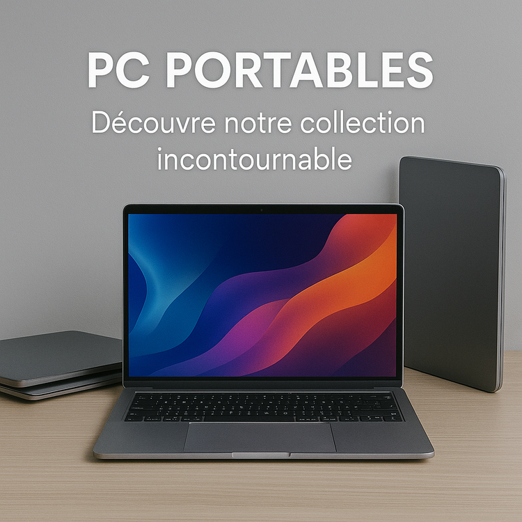 Ordinateur portable fin ouvert sur un bureau épuré, écran actif et clavier rétroéclairé posé dans un intérieur moderne.