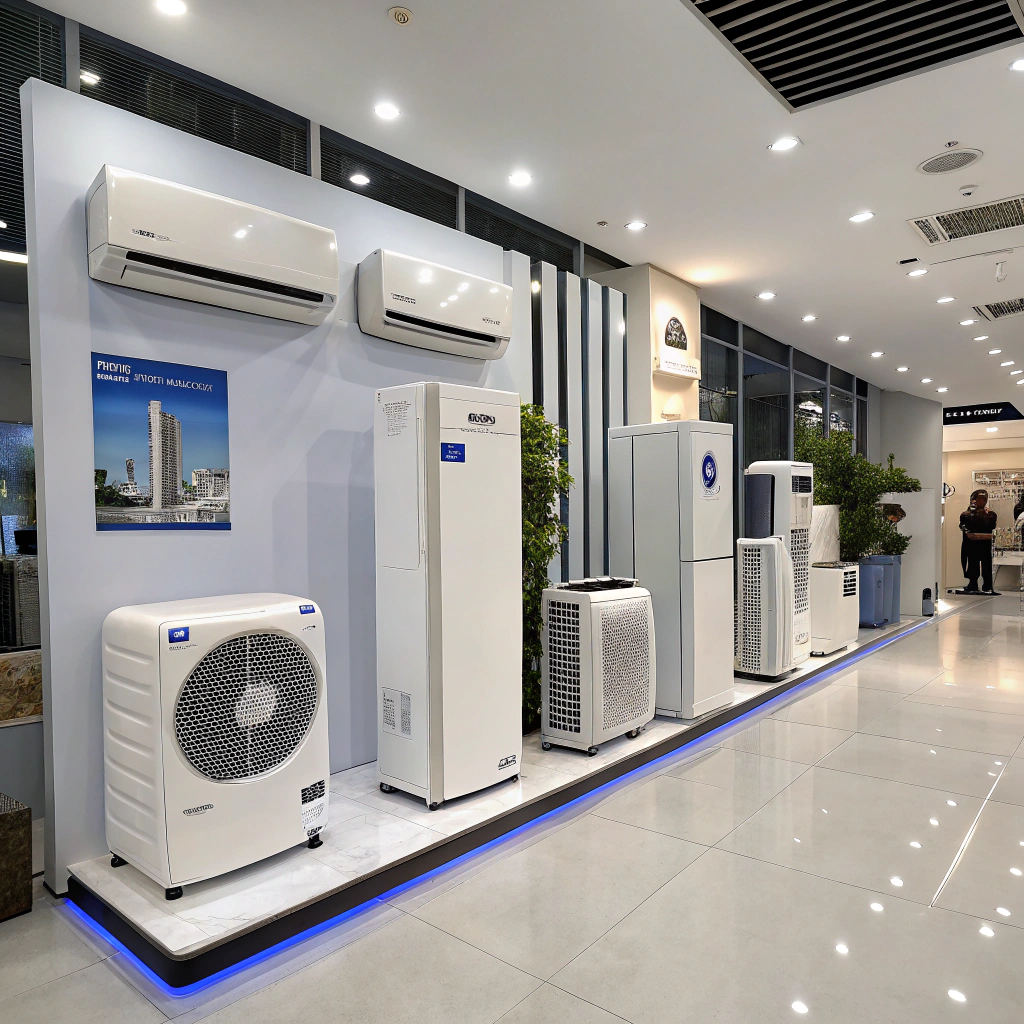 Climatiseur split mural blanc installé dans un intérieur épuré, sol en parquet clair et mur blanc, diffusant de l’air frais.