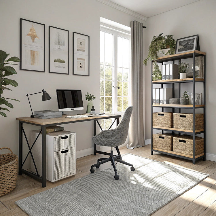 Espace de travail moderne avec bureau en bois clair, caisson de rangement à roulettes, étagère murale modulable et chaise ergonomique.
