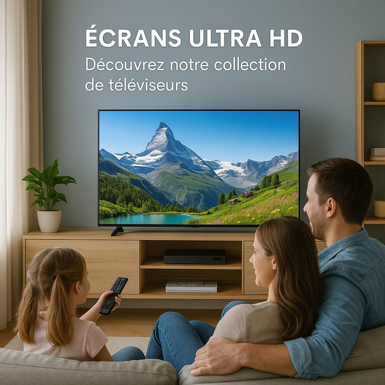 Grand téléviseur à écran plat sur meuble bas noir dans un salon contemporain épuré, accompagné d’une barre de son compacte.