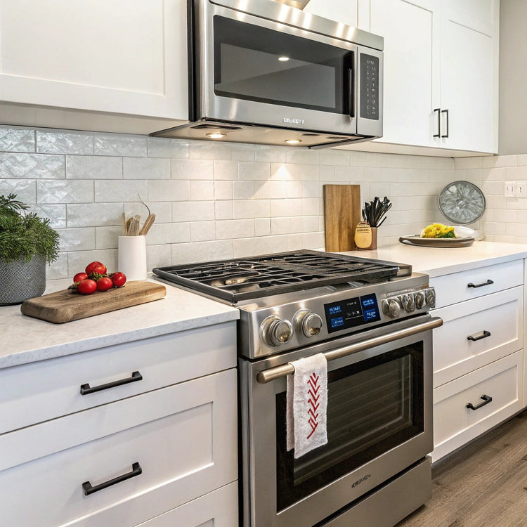 Cuisinière inox avec four intégré posée dans une cuisine moderne, plan de travail blanc et mur clair.