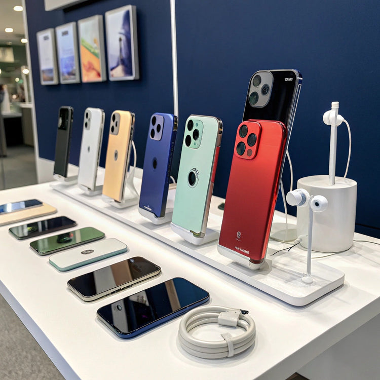 Smartphone moderne à écran allumé, entouré d’un chargeur, d’une coque colorée et d’un casque audio sans fil sur fond blanc.