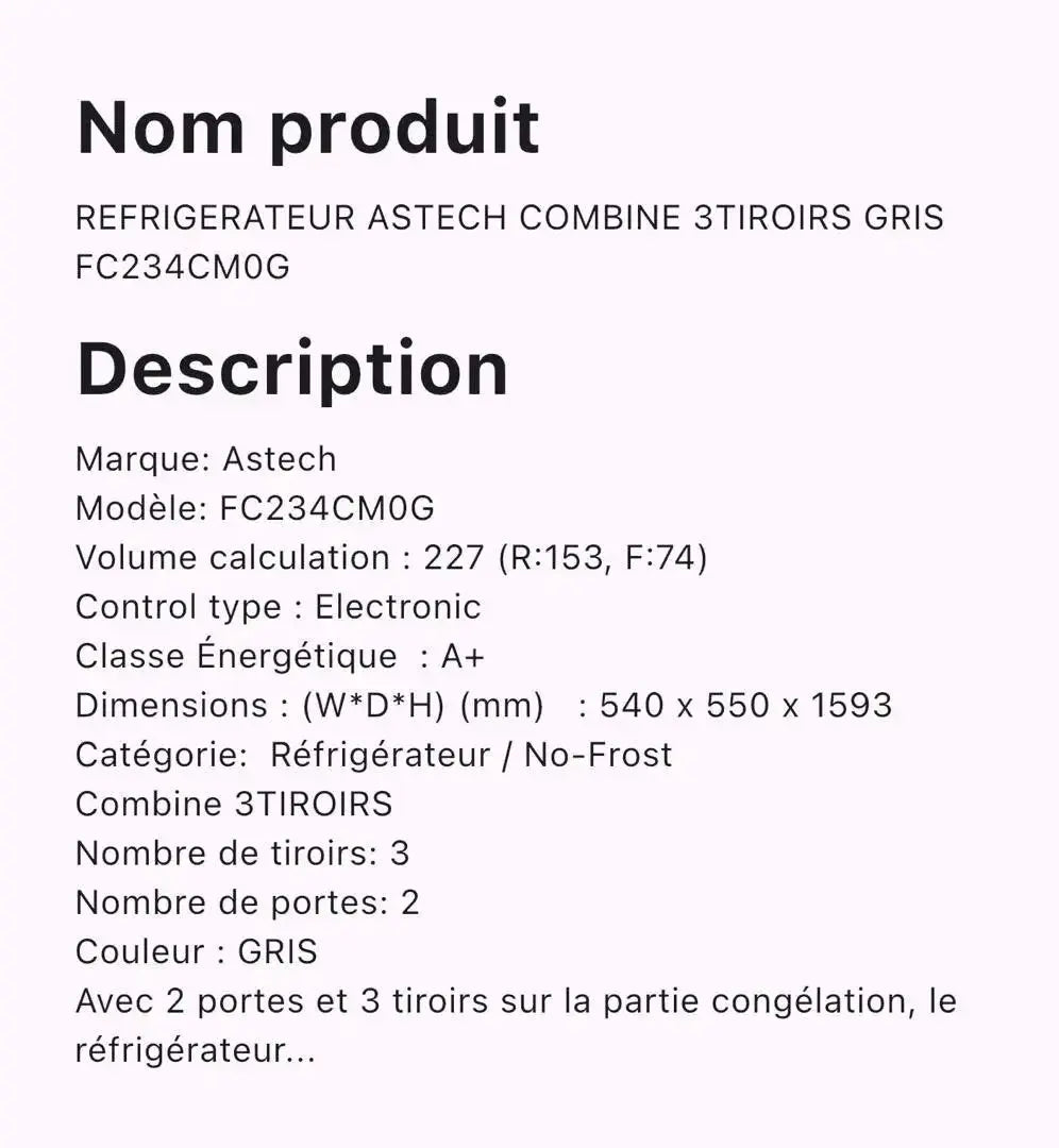 Réfrigérateur ASTECH Combiné 3 Tiroirs – FC234CM0G – 227 L – Gris Kebaelectromenager