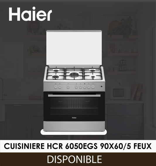 CUISINIERE HAIER HCR6050EGS 90×60 5FEUX GRIS NOIR ET ROUGE