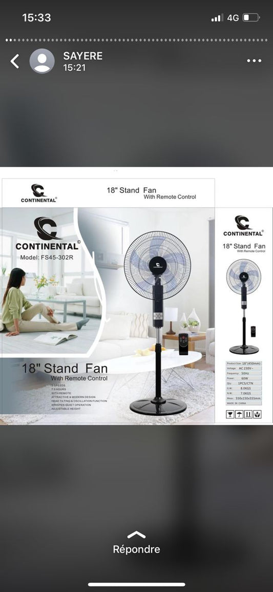 Ventilateur Continental 18 Pouces FS45-302R – Puissant et Réglable