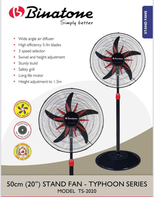 🌀 Ventilateur Binatone sur Pied TS-2020 – 20 Pouces, Design Rouge & Noir, Puissant & Réglable